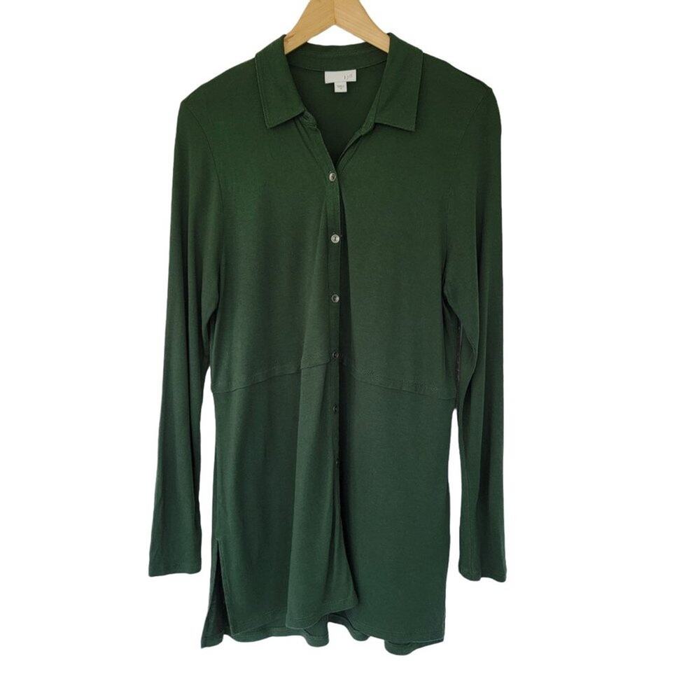 J Jill Long Sleeve Button Down Tunic Blouse Womens M Hunter Green Rayon Tencel